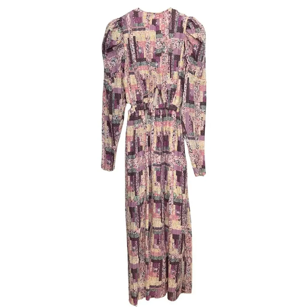 SEA NY Maxi Dress Patchwork Floral Naya Cutout‎ Long Sleeve Pleated Purple XS - Picture 8 of 11